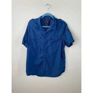 Guess Mens Blue Short Sleeve Button-Down Shirt XL Lightweight Cotton Blend Y2K